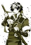  1boy fire_emblem fire_emblem:_kakusei monochrome mouth_hold ronku sheath sheathed shuri_yasuyuki solo sweat sword vambraces weapon 