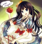  1girl :d apple bisonbison black_hair blue_eyes bow crown food fruit germany head_tilt holding long_hair looking_at_viewer marchen open_mouth schneewittchen sketch smile solo sound_horizon 