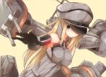  1girl bare_shoulders bismarck_(kantai_collection) black_gloves blonde_hair blue_eyes blurry breastplate cannon depth_of_field detached_sleeves gloves hat kantai_collection long_hair looking_at_viewer military military_hat military_uniform mizushina_minato one_eye_covered outstretched_arm peaked_cap smile solo uniform 