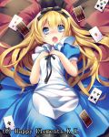  1girl alice_(wonderland) alice_in_wonderland amamine blonde_hair blue_eyes blush bow card hair_bow hair_ornament hair_ribbon long_hair looking_at_viewer lying official_art open_mouth playing_card ribbon solo 