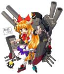  1girl anchor blonde_hair blush bow byourou cannon chain fang hair_bow horn_ribbon horns ibuki_suika long_hair mecha_musume ribbon solo torpedo touhou very_long_hair yellow_eyes 