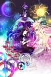  2girls akemi_homura black_hair bow crescent_moon dress flower funeral_dress gears goddess_madoka hair_bow hairband highres kaname_madoka long_hair looking_at_viewer mahou_shoujo_madoka_magica mahou_shoujo_madoka_magica_movie moon multiple_girls pink_hair smile soul_gem spider_lily spoilers sun two_side_up violet_eyes yellow_eyes yuri 