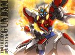  blue_eyes build_burning_gundam character_name dated fighting_stance fire flame glowing glowing_eyes gundam gundam_build_fighters gundam_build_fighters_try haganef mecha no_humans signature solo sparks 