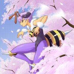  1girl antennae full_body insect_girl maximum_tokio monster_girl open_mouth petals purple_hair q-bee short_hair sleeveless solo spikes stinger tree unitard vampire_(game) wristband 