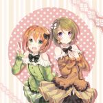  2girls bow brown_hair crescent_hair_ornament detached_sleeves earrings green_eyes hair_bow hair_ornament hair_ribbon hairclip hands_on_own_chest hoshizora_rin jewelry koizumi_hanayo looking_at_viewer love_live!_school_idol_project multiple_girls nononon open_mouth ribbon short_hair smile v violet_eyes 