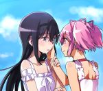  2girls akemi_homura black_hair crying crying_with_eyes_open dress hair_ribbon hairband hand_on_another&#039;s_cheek hand_on_another&#039;s_face kaname_madoka long_hair mahou_shoujo_madoka_magica multiple_girls pink_eyes pink_hair ribbon short_twintails smile sundress tears twintails violet_eyes yoplait yuri 