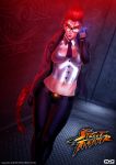  1girl absurdres braid breasts coat crimson_viper dutch_angle electricity ggg_(gonzalogallianoniz) gloves highres lips long_hair midriff navel necktie pants pompadour redhead shooting_glasses single_braid solo street_fighter street_fighter_iv very_long_hair 