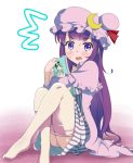  1girl blush book crossed_legs drooling hat into-rain knees_to_chest kochiya_sanae long_hair looking_at_viewer open_mouth patchouli_knowledge purple_hair sitting solo surprised thigh-highs touhou violet_eyes white_legwear 