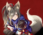  1boy androgynous animal_ears black_hair fox_ears fox_tail hagi_(mabinogi) hair_over_one_eye jewelry long_hair mabinogi male necklace open_clothes ponytail smile solo tail trap yellow_eyes 