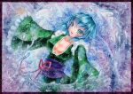  1girl blue_eyes blue_hair bow breasts bust cleavage collarbone gradient_eyes green_eyes head_fins japanese_clothes kimono large_breasts looking_at_viewer mermaid monster_girl multicolored_eyes obi open_mouth qqqrinkappp sash solo splashing touhou traditional_media wakasagihime water watercolor_(medium) wide_sleeves 