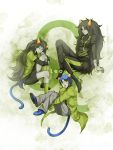  3girls black_hair boots coat dual_persona fang fangs green_eyes grey_skin highres homestuck horns leo long_hair meulin_leijon multiple_girls nepeta_leijon open_mouth oversized_clothes sharp_teeth short_hair sitting smile tail the_disciple ti9931 torn_clothes turtleneck very_long_hair white_eyes yellow_sclera 