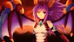  1girl armlet asc_(sfhiro) bare_shoulders black_gloves bodysuit claws clouds dragon_girl dragon_horns dragon_wings dusk elbow_gloves gloves head_fins heterochromia jewelry long_hair necklace outdoors purple_hair puzzle_&amp;_dragons red_sky scales sky smile solo sonia_(p&amp;d) violet_eyes wings yellow_eyes 