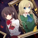  2girls ascot brown_hair dutch_angle flower ib ib_(ib) kzom long_hair looking_at_viewer mary_(ib) multiple_girls parted_lips petals red_eyes rose smile 