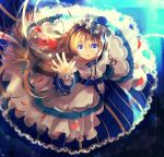  1girl bisonbison blonde_hair blue_eyes flower from_above lolita_fashion long_hair looking_at_viewer looking_up open_mouth original petals reaching rose solo tears 