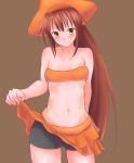  1girl adapted_costume arm_behind_back bare_shoulders bike_shorts blush breasts brown_eyes brown_hair guilty_gear hat highres long_hair may_(guilty_gear) midriff navel otsumami_(otsu-mugi) shorts_under_skirt skirt skirt_lift small_breasts smile solo standing tubetop underboob wide_hips 