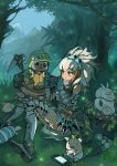  1girl aqua_eyes armor barioth_(armor) blush felyne gauntlets long_hair monster_hunter navel nintendo_ds playing_games playstation_portable playstation_vita poogie pout silver_hair sitting sweat tagme zhuxiao517 