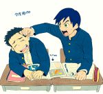  2boys black_hair blue_hair book closed_eyes directional_arrow eraser green_eyes ima_soko_ni_iru_boku looking_at_another male mechanical_pencil multiple_boys nabuca open_mouth pencil pencil_case saliva school_uniform simple_background sweatdrop t_k_g translation_request white_background 