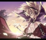  1girl black_gloves blonde_hair bracer cape earmuffs elbow_gloves gloves looking_at_viewer short_hair single_glove sleeveless sleeveless_shirt small_breasts smile solo sword touhou touya_(the-moon) toyosatomimi_no_miko weapon yellow_eyes 