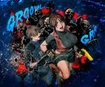  bike_shorts bullet_hole claire_redfield fingerless_gloves gloves golden_gun gun katou_teppei leon_s_kennedy open_mouth ponytail resident_evil resident_evil_2 running trigger_discipline weapon zombie 