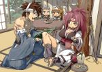  2boys 2girls amputee anji_mito baiken blush bottle breasts brown_eyes brown_hair chin_rest chipp_zanuff cleavage cup detached_sleeves glasses greaves guilty_gear hat headband japanese_clothes katana kimono large_breasts long_hair may_(guilty_gear) multiple_boys multiple_girls muscle one-eyed pince-nez pink_hair pirate_hat ponytail sake_bottle sheath sheathed shirtless silver_hair sitting spiky_hair sword weapon wide_sleeves ysk! |_| 