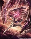  1girl anbe_yoshirou armor armpits atmospheric_reentry breasts cleavage copyright_name dragon highres horns long_hair magic_circle parted_lips pink_eyes redhead shinma_x_keishou!_ragnabreak sword thigh-highs weapon wings yellow_eyes 