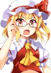  1girl ascot bespectacled blonde_hair blush e.o. fang flandre_scarlet glasses hat highres no_wings open_mouth red_eyes short_hair side_ponytail simple_background smile solo touhou white_background 