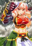  &gt;:o 1girl :o adapted_costume alternate_costume breasts clenched_hands gauntlets hair_bun hair_ornament highres ibaraki_kasen kawachi_koorogi looking_at_viewer marker_(medium) navel open_mouth pink_hair red_eyes solo touhou traditional_media 