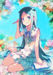  1girl ano_hi_mita_hana_no_namae_wo_bokutachi_wa_mada_shiranai. aqua_hair barefoot blue_eyes book dress holding honma_meiko long_hair looking_at_viewer pencil sitting smile solo white_dress zhuxiao517 