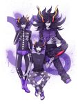  3boys black_hair bone capricorn dual_persona fangs gamzee_makara grand_highblood grey_skin highres homestuck horns kurloz_makara makeup messy_hair multiple_boys open_mouth polka_dot sharp_teeth short_hair sitting smile ti9931 turtleneck weapon yellow_sclera 