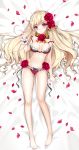  1girl absurdres bare_legs barefoot blonde_hair blush bra breasts cinia_pacifica cleavage drill_hair flower highres lingerie long_hair lying navel neck_ribbon on_back panties petals pink_eyes primcoco red_bra red_panties ribbon rose solo sword_girls underwear underwear_only very_long_hair 