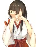  1girl adameee akagi_(kantai_collection) black_hair closed_eyes crying japanese_clothes kantai_collection long_hair open_mouth solo tears white_background wiping_tears 
