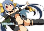 1girl artist_name asymmetrical_wings bare_shoulders black_legwear blue_hair blush bow breasts character_name choker dizzy guilty_gear hair_bow highres long_hair looking_at_viewer mirano navel open_mouth outstretched_arms red_eyes ribbon smile solo tail tail_ribbon thighhighs twintails underboob white_background wings 