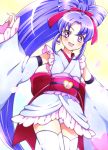  1girl alternate_form anmitsu_komachi blush bow cure_fortune detached_sleeves earrings female frills hair_bow hair_bun happinesscharge_precure! hikawa_iona japanese_clothes jewelry kagami_chihiro long_hair magical_girl miniskirt panties precure purple_hair skirt smile solo thigh-highs underwear very_long_hair violet_eyes white_legwear white_panties white_skirt 