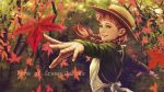  anne_of_green_gables anne_shirley autumn braid hat highres leaf maple_leaf outstretched_arms redhead smile socha_(pixiv99744) twin_braids 