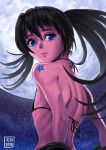  1girl back bikini_top black_hair black_rock_shooter black_rock_shooter_(character) blue_eyes crying crying_with_eyes_open flat_chest from_behind full_moon highres lips long_hair looking_back moon nose ryu_shou scar sky solo star star_(sky) starry_sky stitches strap_gap tattoo tears twintails undressing uneven_twintails 