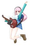  1girl blush breasts guitar headphones highres instrument large_breasts long_hair looking_at_viewer nitroplus open_mouth outstretched_arm pink_hair pom_pom_(clothes) red_eyes smile solo super_sonico 