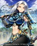  1girl armor banner breasts center_opening clouds elbow_gloves fingerless_gloves gloves headband japanese_clothes katana large_breasts leaf long_hair lord_of_knights navel neo-masterpeacer parted_lips red_eyes shoulder_pads silver_hair solo sword turtleneck unsheathed weapon wind 