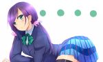  1girl black_legwear blazer crossed_arms from_side green_eyes green_skirt hiyori_(sonoma) long_hair looking_at_viewer love_live!_school_idol_project lying necktie on_stomach pleated_skirt purple_hair school_uniform skirt solo thigh-highs toujou_nozomi twintails 