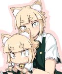  2girls :3 animal_ears bell blonde_hair cat_ears chibi dual_persona eyebrows kuraishi_tanpopo multiple_girls short_hair slit_pupils smile thick_eyebrows tsukudani_(coke-buta) witch_craft_works yellow_eyes 