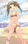  1girl blush brown_bikini brown_eyes brown_hair flat_chest hand_to_own_mouth hat highres kantai_collection navel open_mouth popsicle ryuujou_(kantai_collection) short_hair signature sitting solo suidengetsu twintails twitter_username 