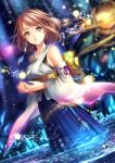 1girl blue_eyes brown_hair detached_sleeves female final_fantasy final_fantasy_x green_eyes heterochromia highres japanese_clothes jewelry necklace night parted_lips partially_submerged ring short_hair solo standing tears tidsean tree water yuna