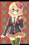  1girl amamine beret bespectacled blonde_hair blue_eyes book glasses hair_ornament hairclip hat holding kagamine_rin looking_at_viewer necktie pleated_skirt school_uniform short_hair skirt smile solo thigh-highs vocaloid zettai_ryouiki 