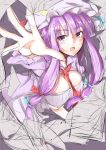  1girl absurdres book breasts cleavage_cutout crescent_hair_ornament from_above hair_ornament hair_ribbon hat highres large_breasts looking_at_viewer looking_up neck_ribbon neropaso open_mouth papers patchouli_knowledge purple_hair ribbon sketch solo touhou tress_ribbon violet_eyes 