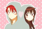  1boy 1girl blush_stickers brown_eyes brown_hair female heart hood hoodie majin_bone male polka_dot polka_dot_background popela red_eyes redhead ryuujin_shougo shimatani_saho smile 