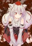  1girl animal_ears breasts bridal_gauntlets detached_sleeves gauntlets hat high_collar highres inubashiri_momiji leaf long_sleeves looking_away maple_leaf pom_pom_(clothes) pout red_eyes short_hair silver_hair sitting skirt solo tail tokin_hat touhou v_arms wariza weapon wolf_ears wolf_tail 