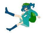  1girl backpack bag blue_eyes blue_hair boots dress hair_bobbles hair_ornament hat highres kawashiro_nitori key long_sleeves open_mouth pocket rubber_boots shiratama_(hockey) short_hair short_twintails simple_background skirt skirt_set solo touhou twintails white_background 