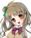  1girl :d amamine brown_eyes brown_hair hair_bun hair_ornament hair_ribbon long_hair looking_at_viewer love_live!_school_idol_project minami_kotori open_mouth ribbon school_uniform simple_background smile solo white_background 