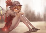  1girl absurdres amber_eyes blonde_hair flandre_scarlet hat hat_ribbon highres layla891228 looking_at_viewer mob_cap pantyhose puffy_short_sleeves puffy_sleeves ribbon shirt short_sleeves sitting skirt skirt_set solo touhou vest white_legwear wings 