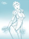  1girl asari bodysuit breasts center_opening lips lipstick makeup mass_effect mass_effect_2 nose samara_(mass_effect) sideboob sketch solo standing veter 