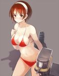  1girl bare_shoulders bikini blush breasts brown_eyes brown_hair cannon cleavage front-tie_top hairband kantai_collection leaning_forward mecha_musume natori_(kantai_collection) navel red_bikini short_hair simple_background solo sumisu_(mondo) swimsuit turret 